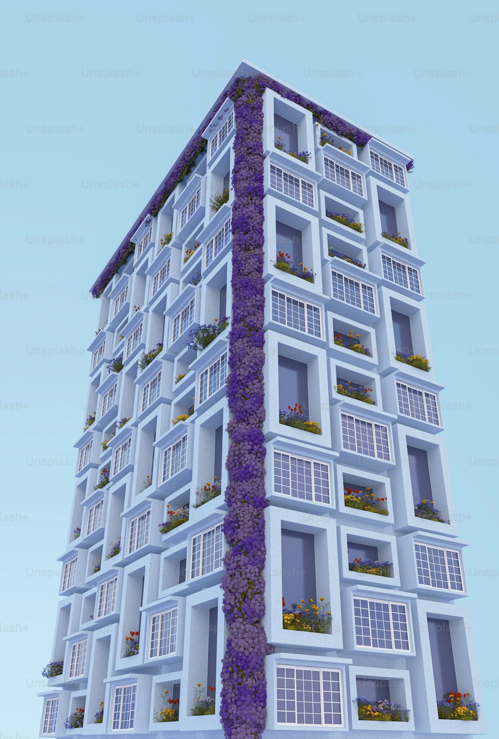 a very tall building with many windows and plants growing on it