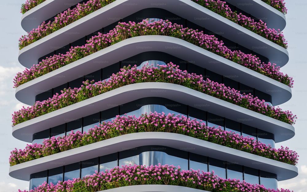a tall building with a bunch of purple flowers on the balconies