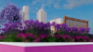紫の花の隣に座る木製のベンチ