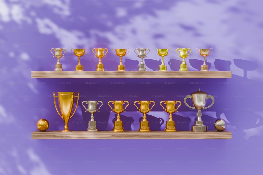 una fila di scaffali pieni di trofei uno sopra l'altro