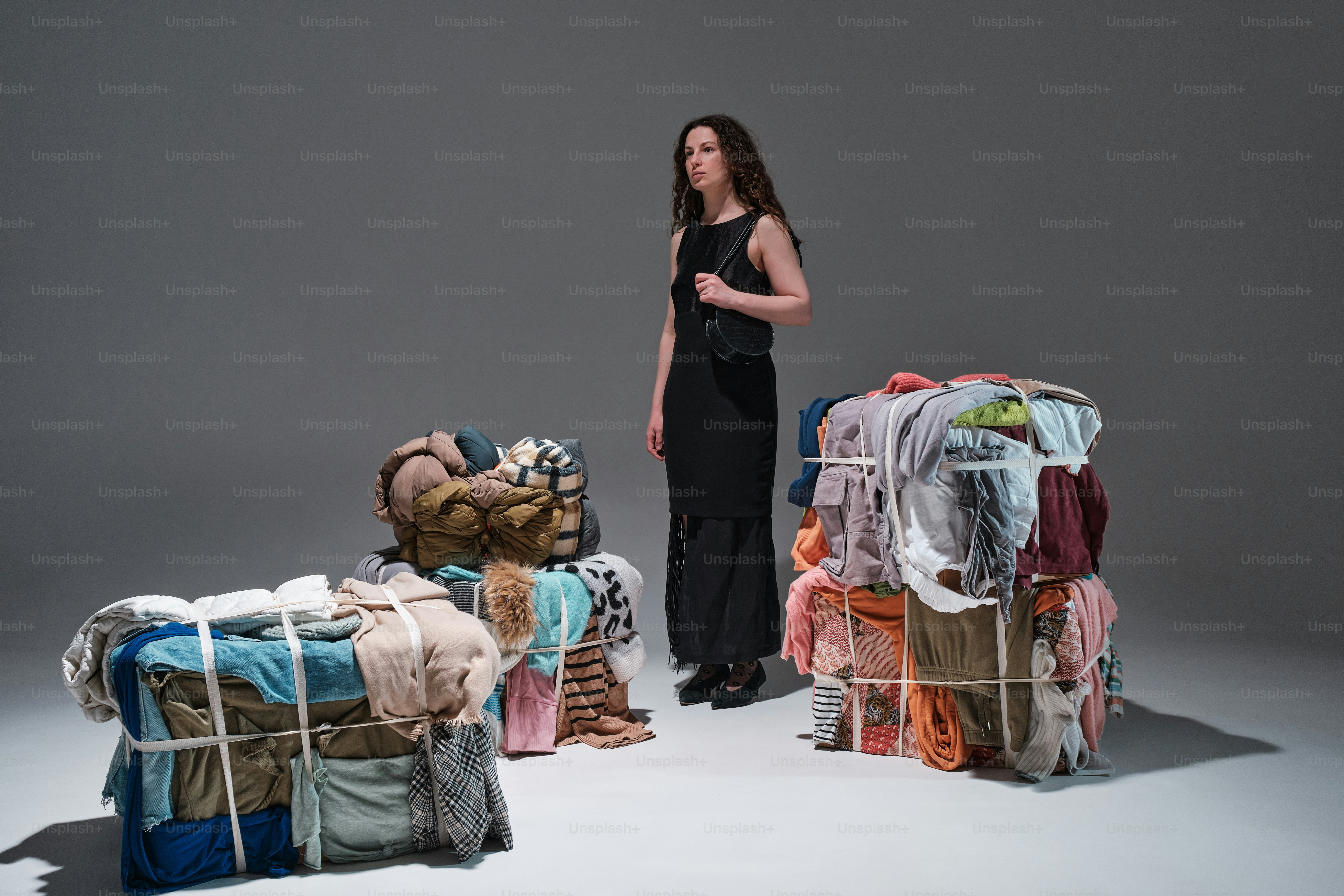una donna in piedi davanti a una pila di vestiti