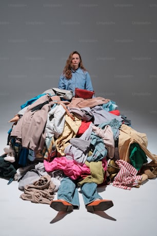 a woman sitting on top of a pile of clothes