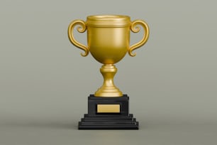 a golden trophy cup sitting on top of a black pedestal