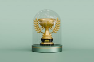 a gold trophy under a glass dome