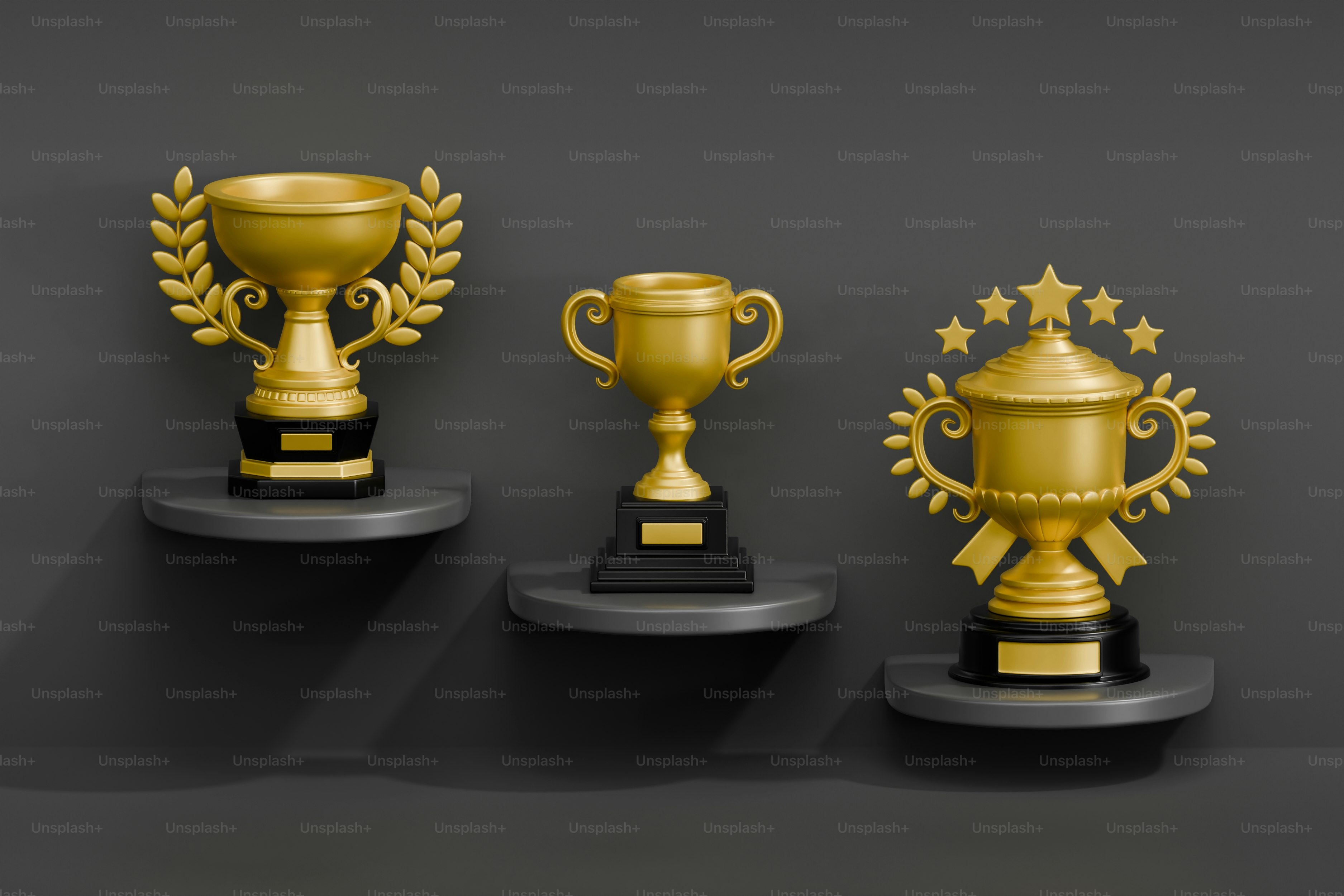 Gold Trophies on the Wall Shelves. 3D Render.