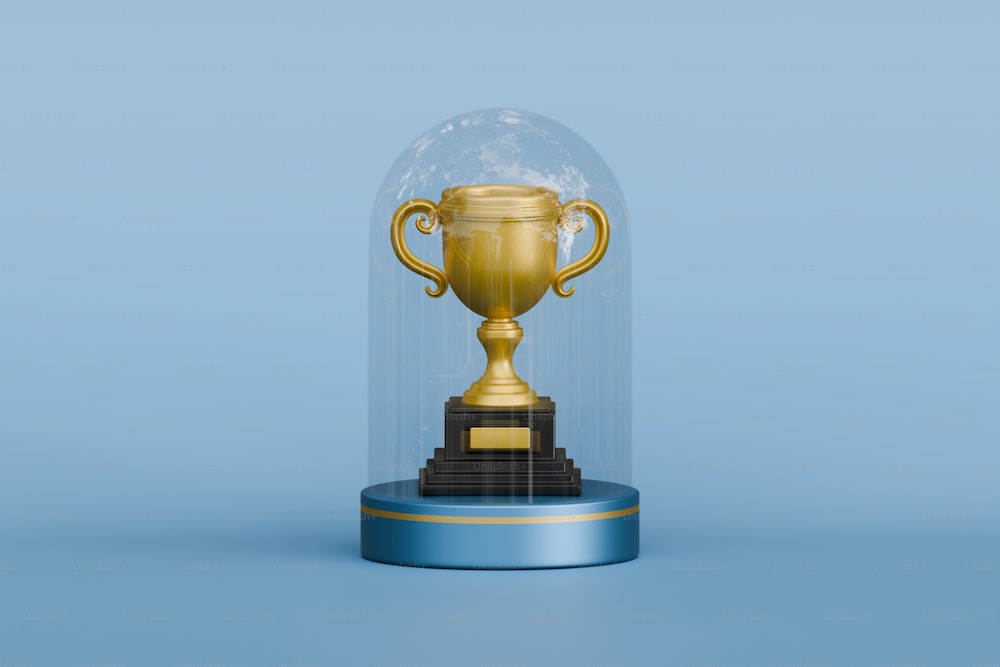 un trofeo d'oro sotto una cupola di vetro su sfondo blu