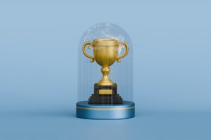 a gold trophy under a glass dome on a blue background