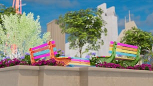 a colorful bench sitting on top of a cement planter