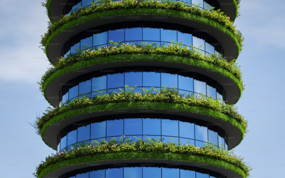 a very tall building with a bunch of plants growing on it