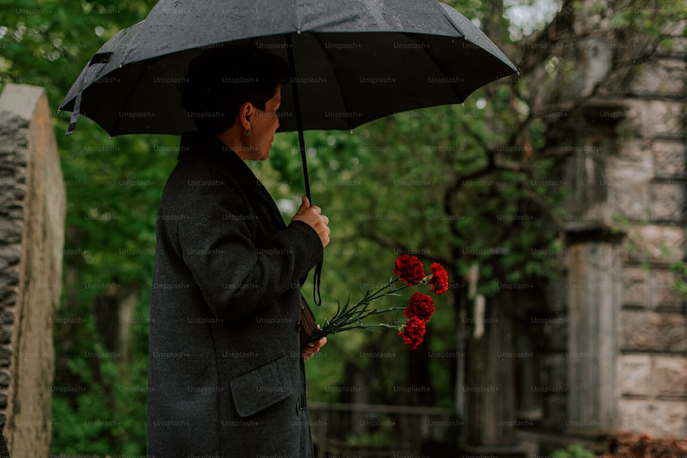 uma mulher segurando um guarda-chuva preto sobre sua cabeça