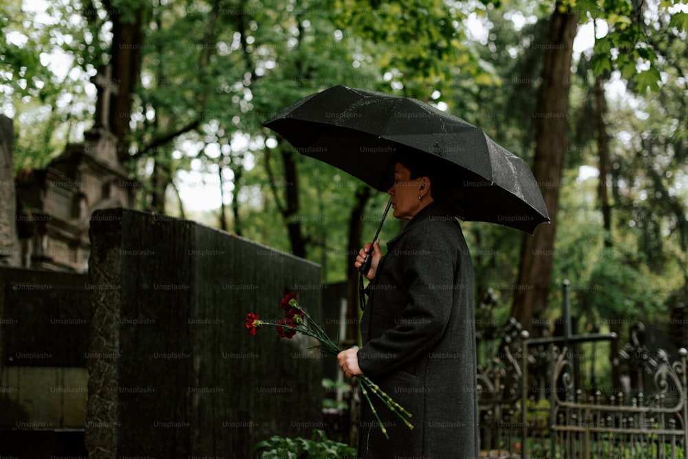 una donna in un cappotto nero che tiene un ombrello nero