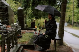 a person sitting on a bench with an umbrella