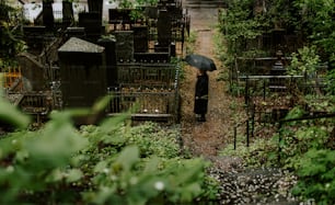 una donna con un ombrello in piedi in un giardino