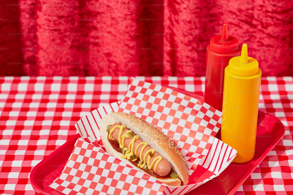 a hot dog with mustard and ketchup on a red tray