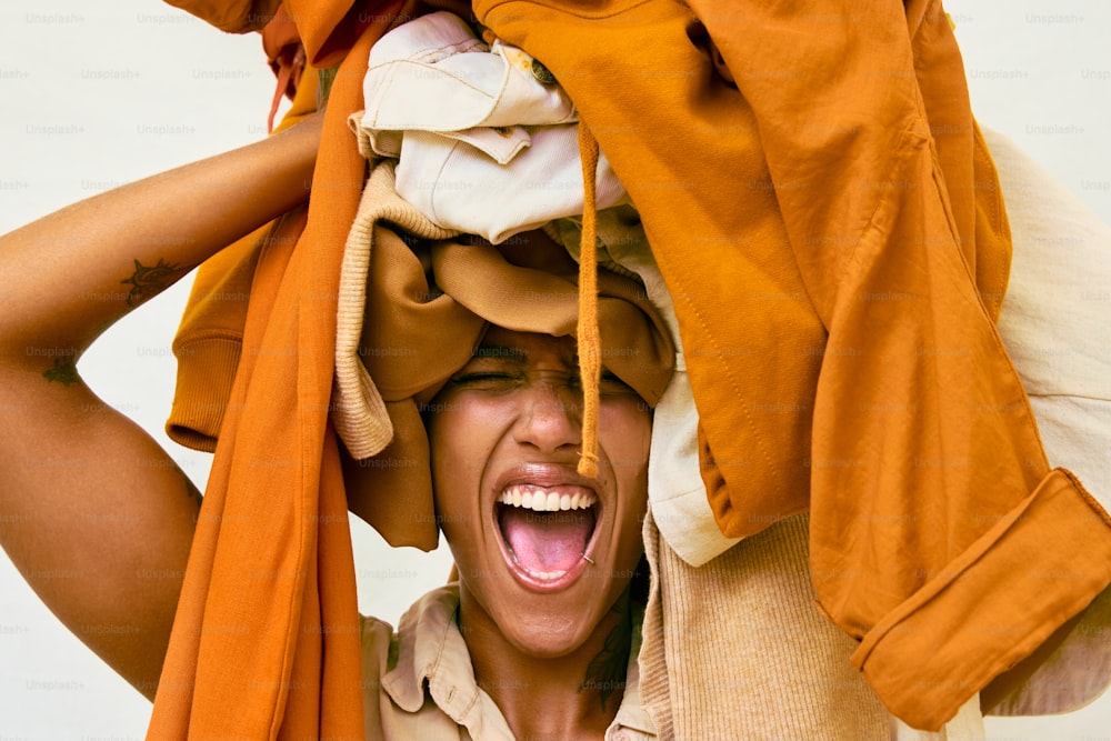 a woman with her hands on her head