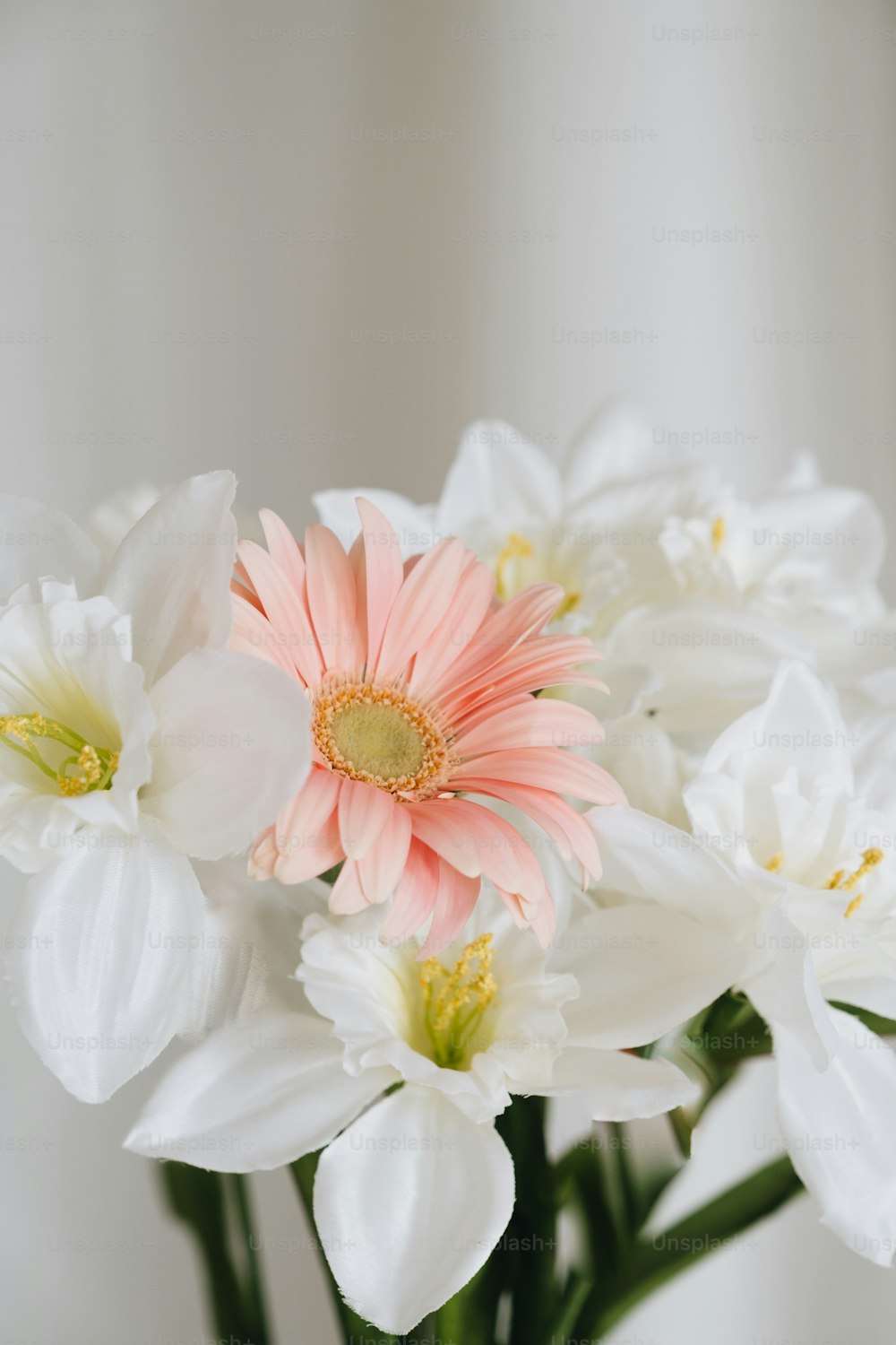 a vase filled with white and pink flowers