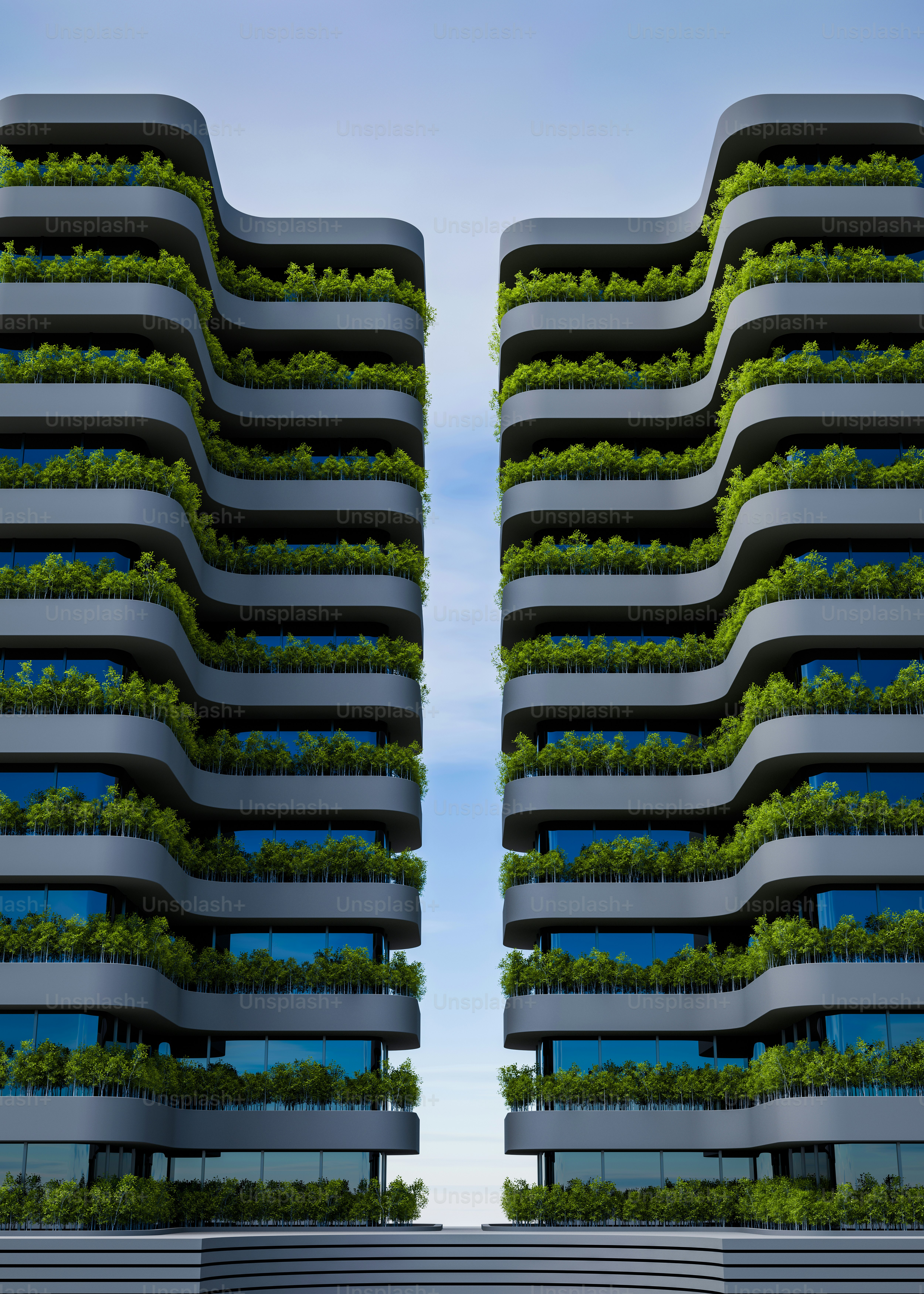 two tall buildings with plants growing on them