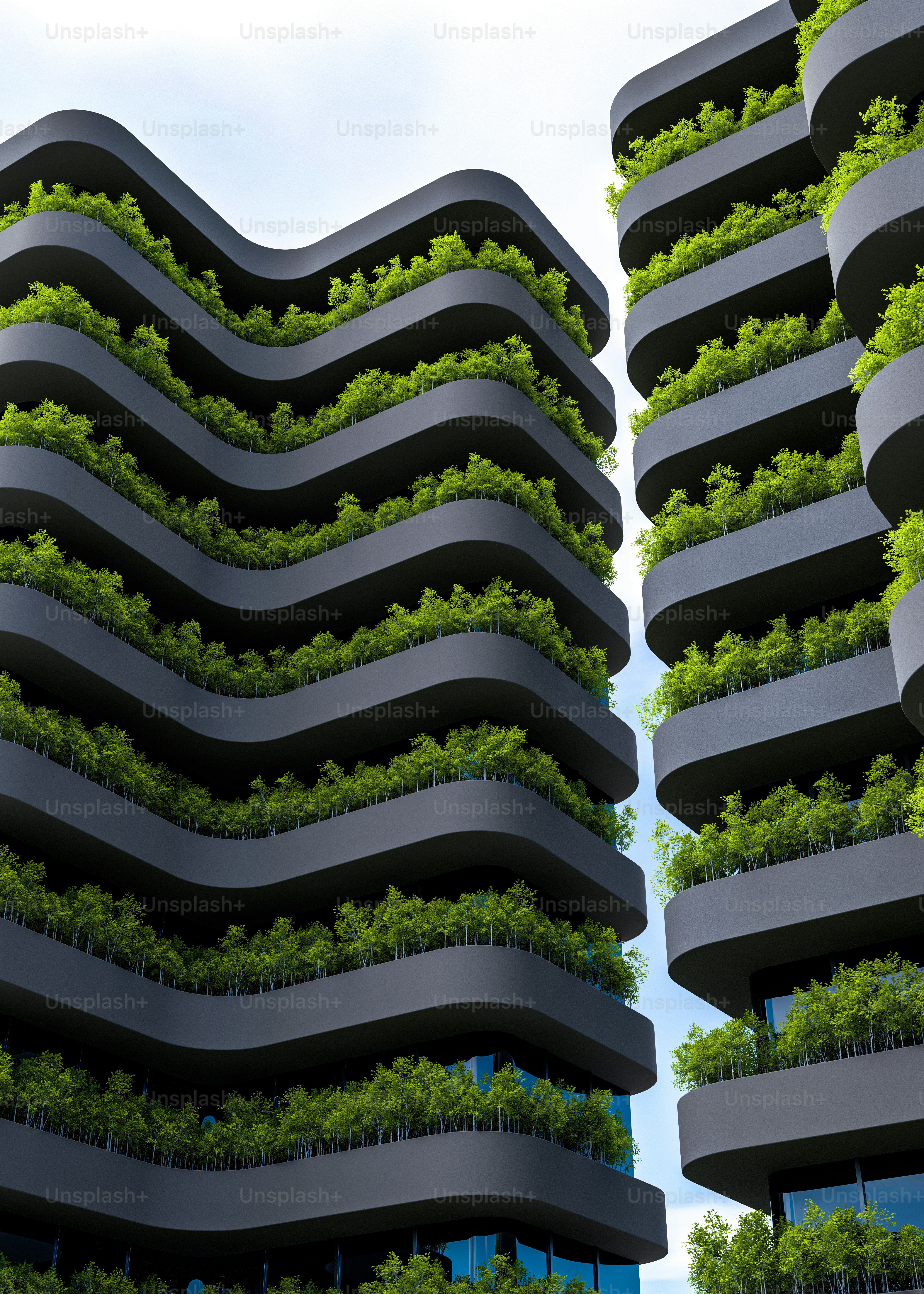 a very tall building with a bunch of plants growing on it