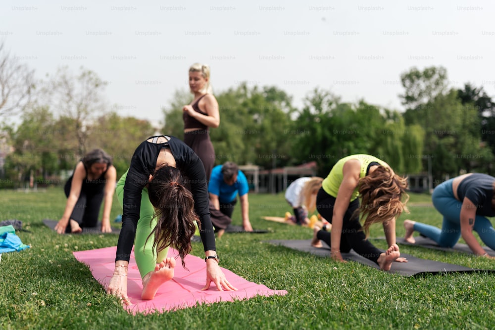 a group of people doing yoga in a park