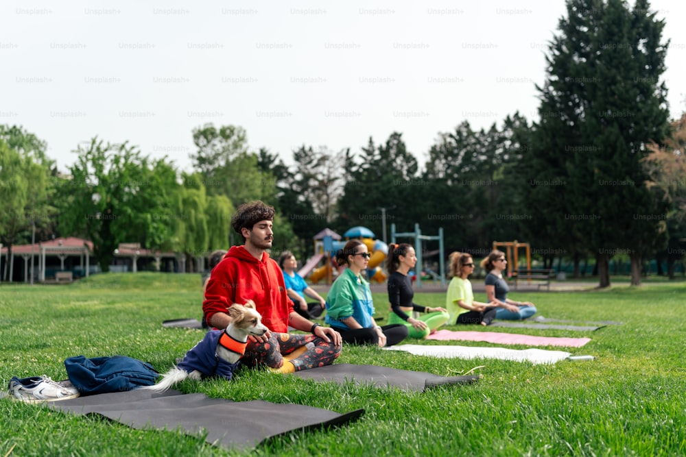 a group of people sitting on top of a lush green field