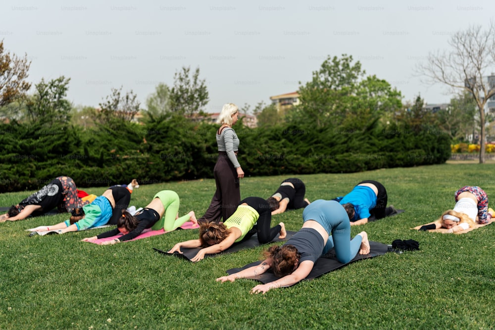 a group of people doing yoga in a park