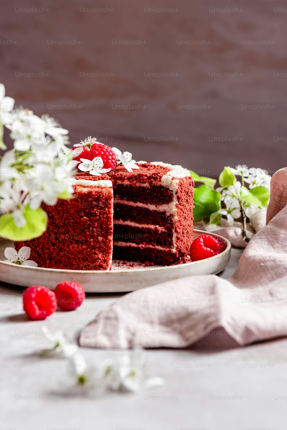 a slice of red velvet cake on a plate