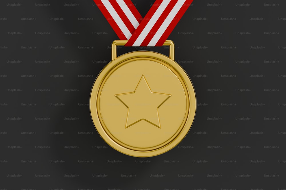 uma medalha de ouro com uma fita vermelha ao redor