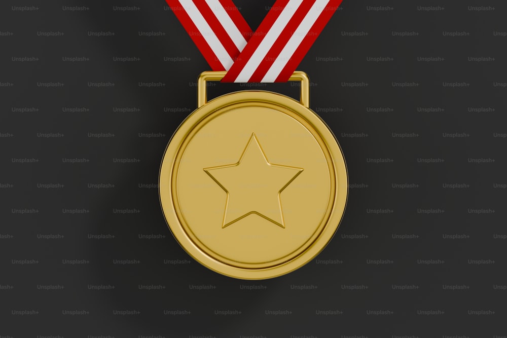 a gold medal with a red ribbon around it