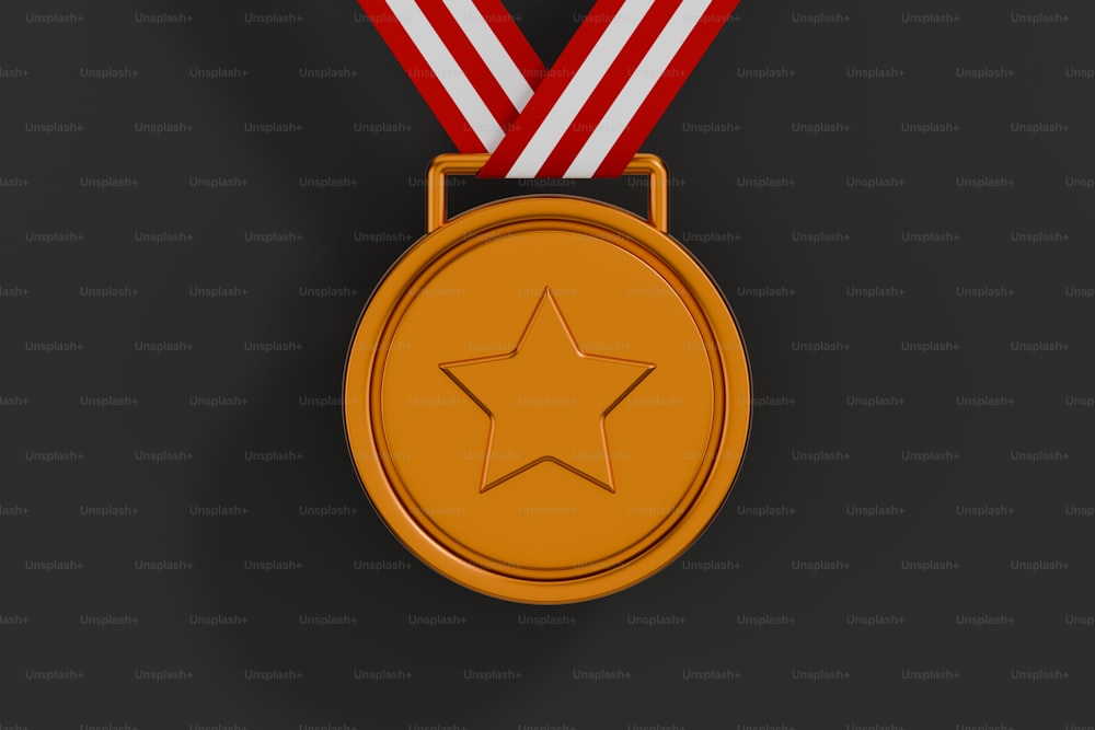a gold medal with a red ribbon around it