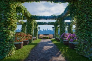 un jardín con flores y un banco en el centro