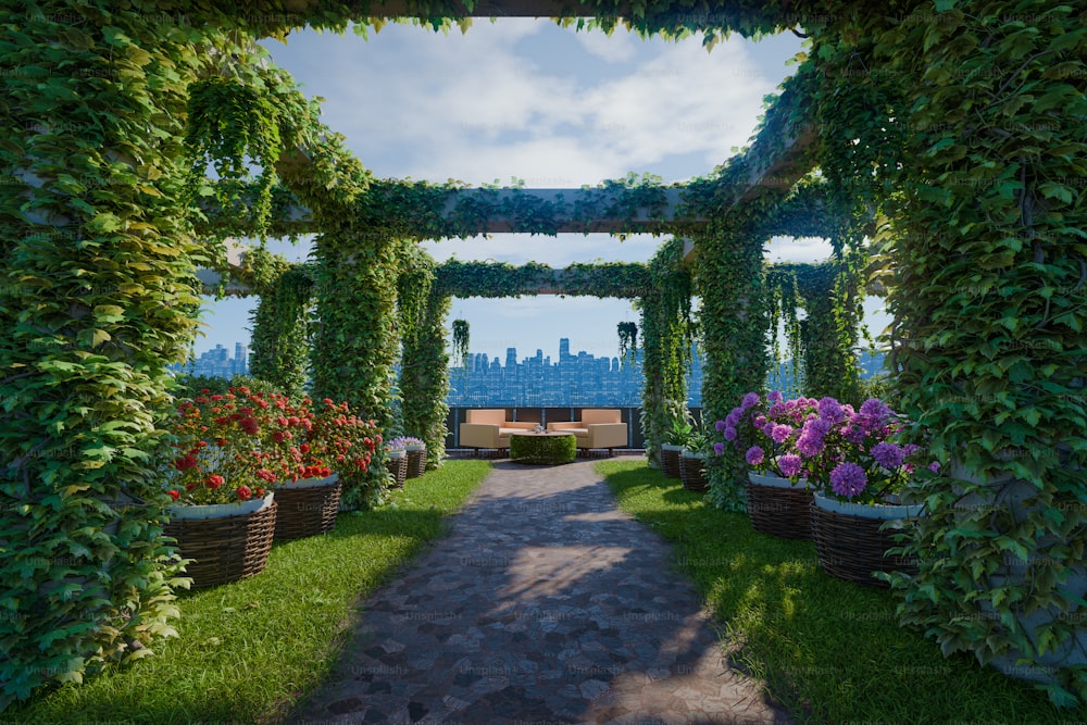 a garden with flowers and a bench in the middle of it