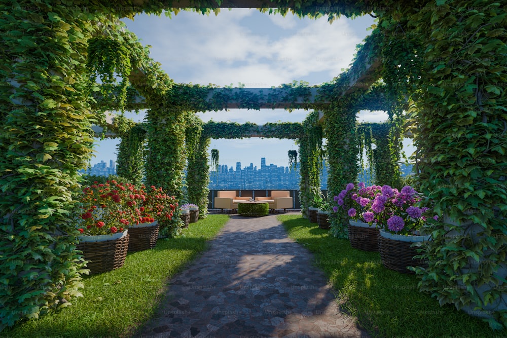 ein Garten mit Blumen und einer Bank in der Mitte