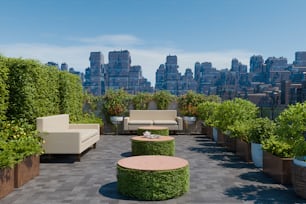 an outdoor seating area with a view of the city