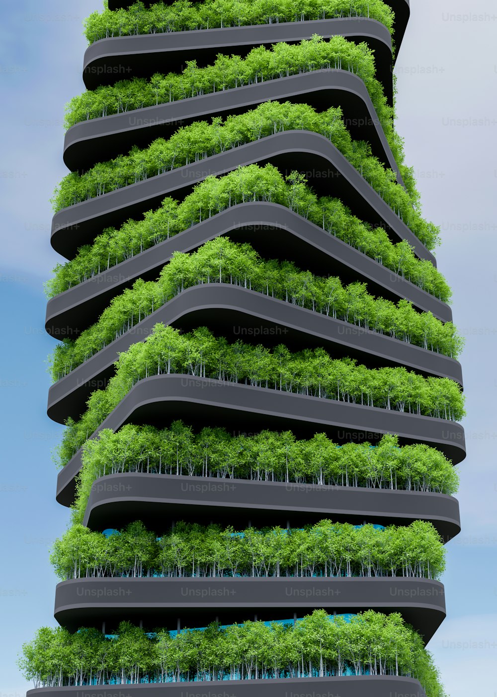 a very tall building with a lot of trees growing on it