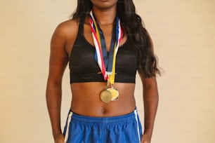 a woman with a medal around her neck