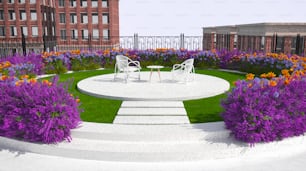 a circular garden with purple and orange flowers