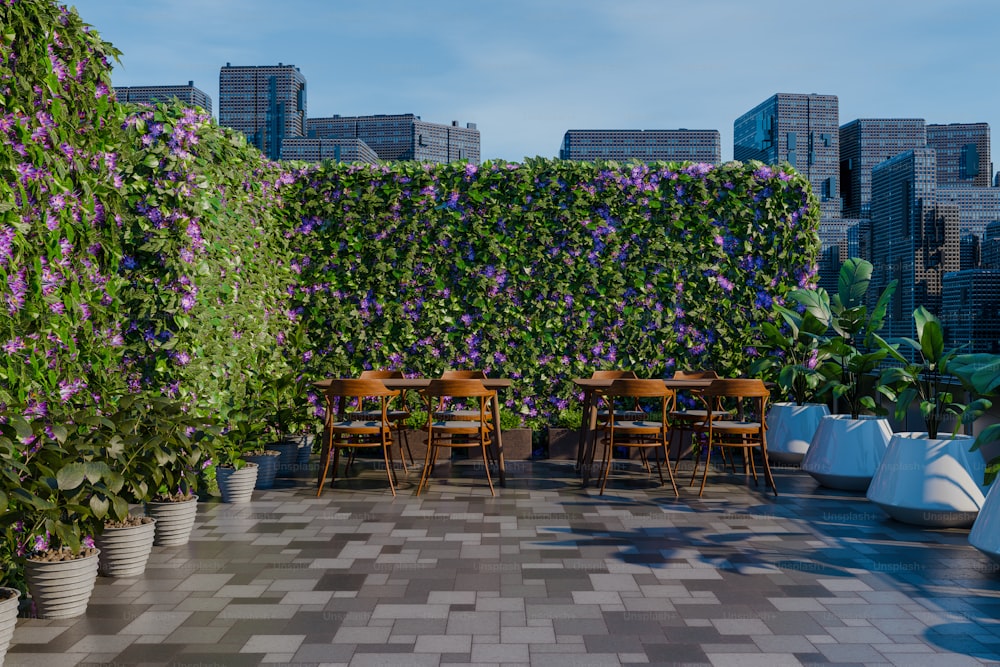 a room filled with lots of plants next to tall buildings