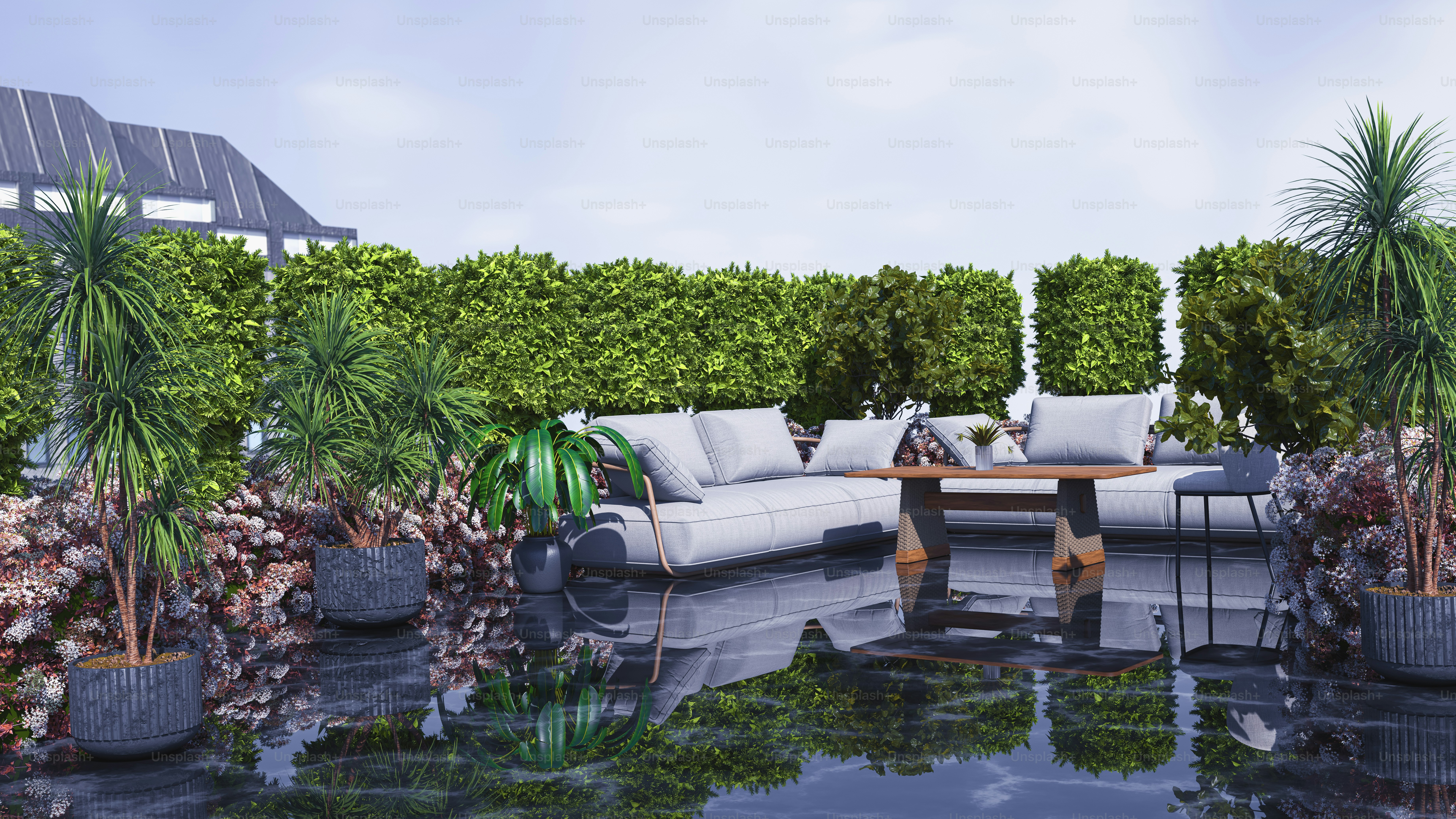 a living room filled with lots of plants and furniture