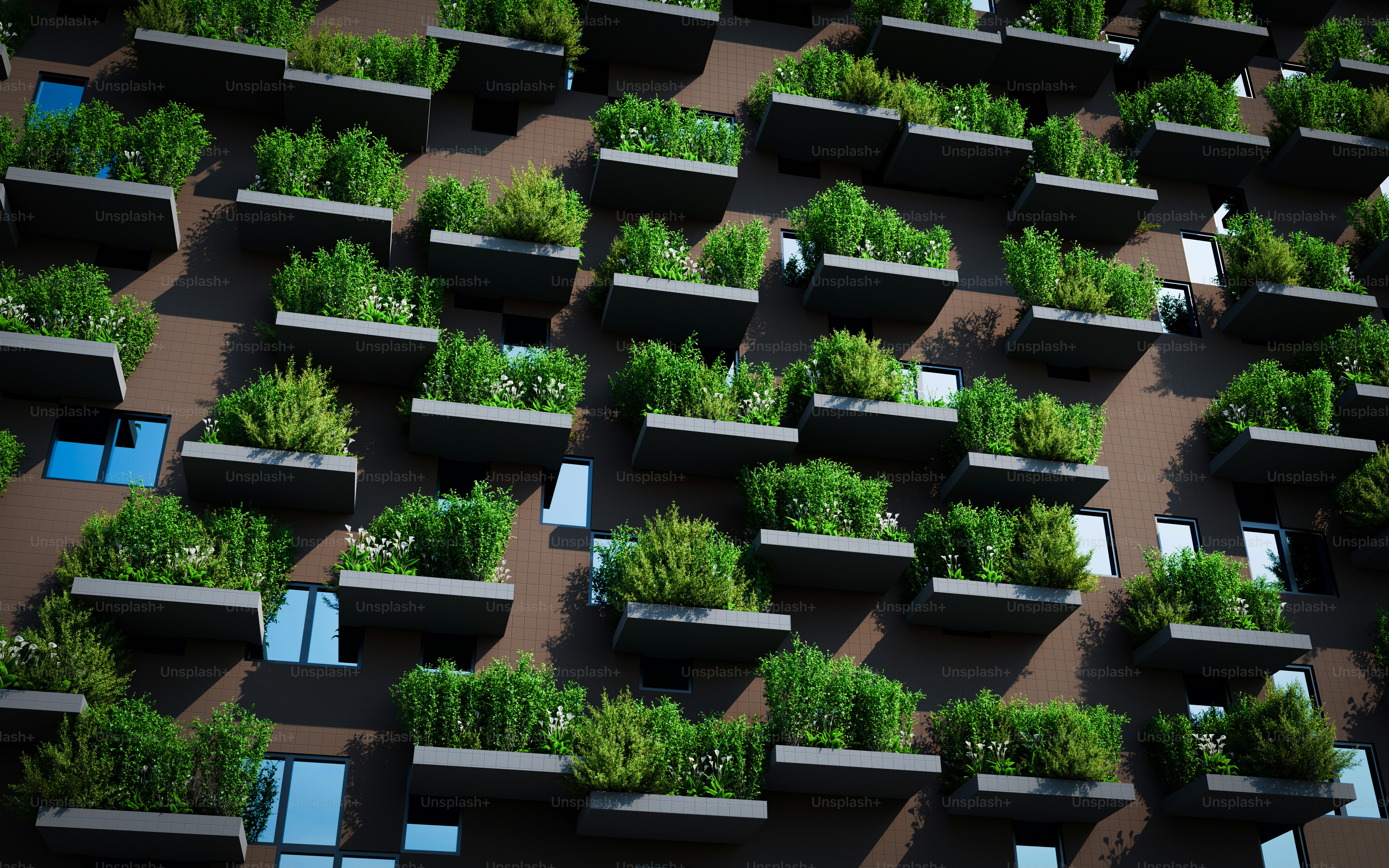 a large group of planters filled with green plants