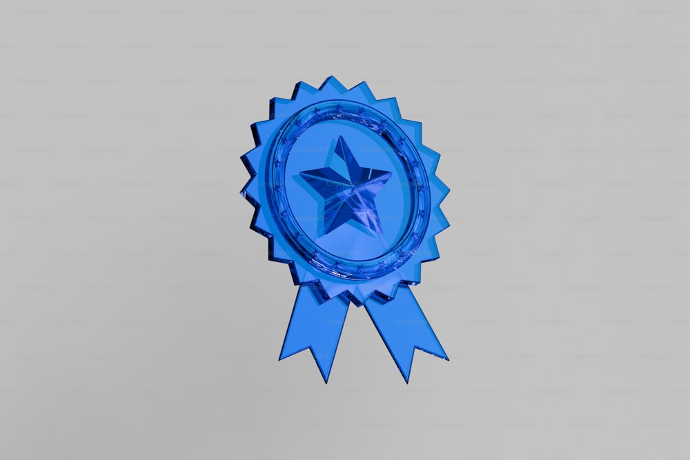 a blue award ribbon with a star on it