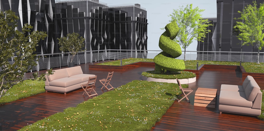 Un rendering 3D di una zona giorno con divano, sedia, tavolo e