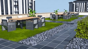 a rendering of a patio with a table and chairs
