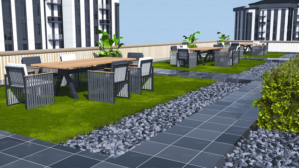 a rendering of a patio with a table and chairs