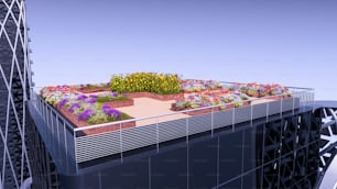 a roof garden with flowers and plants on it