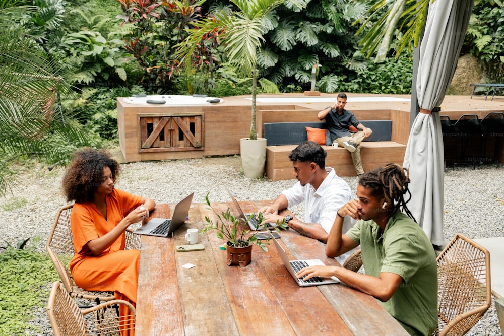 a group of people sitting around a wooden table