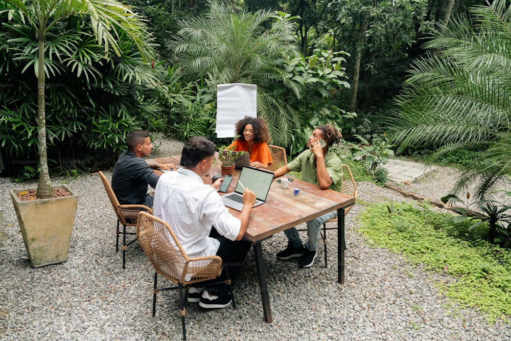 a group of people sitting around a wooden table