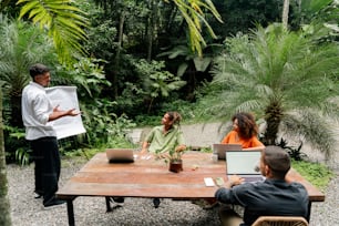 a group of people sitting around a wooden table