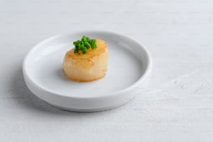 um prato branco coberto com um pequeno pedaço de comida