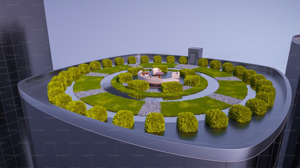 une maquette d’un jardin circulaire avec une maison au centre