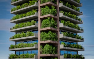 a tall building with a bunch of plants growing on it